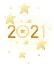2021 New Year banner with script text and golden decorative stars design template for poster or greetings card flat vector illustration on white background