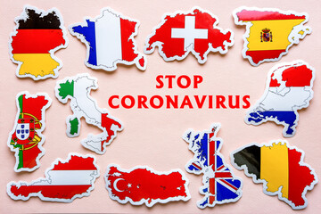 Stop coronavirus in Europe. Maps of Great Britain, France, Germany, Italy, Spain, Austria, Belgium, Switzerland, Netherlands, Portugal, Turkey with flags on light background. Covid-19 outbreak