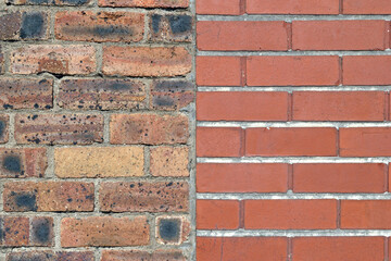 Detail of Textured Wall Divided Vertically between old & New Bricks 