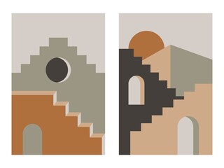 Abstract architecture stair posters. Mid century modern boho art print, wall decor social media stories contemporary style. Vector illustration
