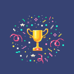 Pixel art set gold winner cup with confetti burst.