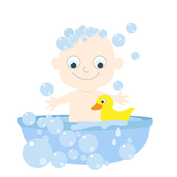 Little cute albino baby bathes in a bathtub with soap bubbles and a yellow rubber duck. The child smiles happily. Cartoon character in flat style isolated on white background.