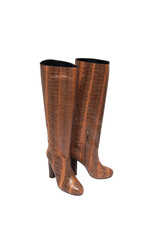 Women's leather boots on a white background.