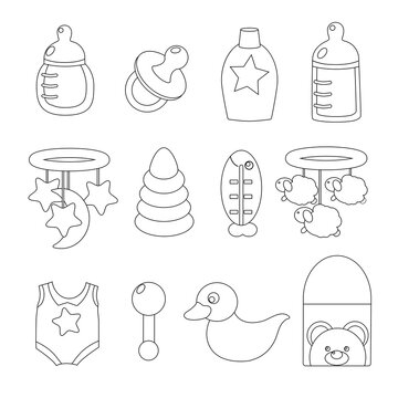 A set of vector linear images of items for children, newborns or babies: feeding bottle, pacifier, shampoo, mobile with moon and stars, pyramid, mobile with sheep, bodysuit, envelope, rattle, duck.