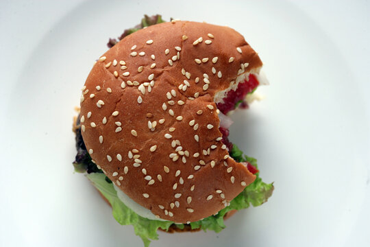Close up of hamburger with lettuce and tomato
