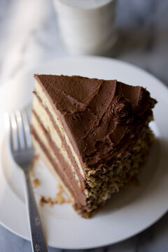Chocolate layer cake slice on plate