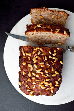 Close up of baked meatloaf with garlic