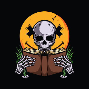 skull reading a book vector illustration 