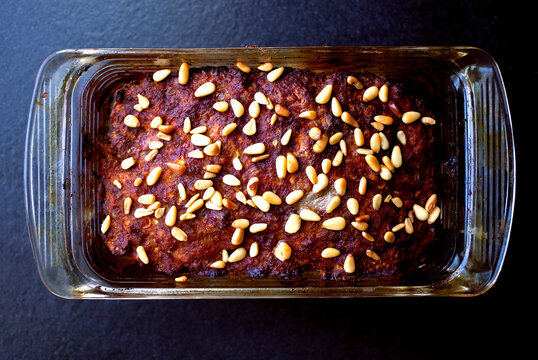 Close up of baked meatloaf with garlic