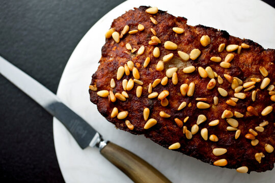 Close up of baked meatloaf with garlic