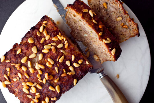 Close up of baked meatloaf with garlic