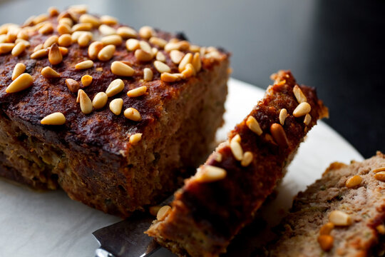 Close up of baked meatloaf with garlic