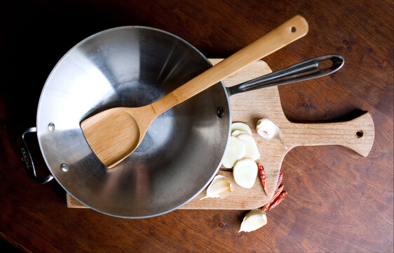 Close up of wok and some ingredients