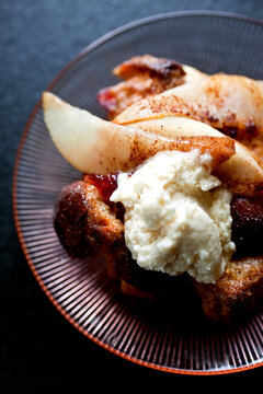 Close up of pear Brown Betty baked dessert