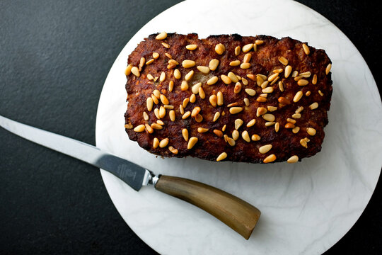 Close up of baked meatloaf with garlic