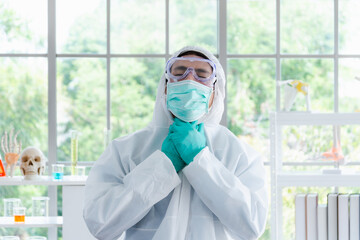 Fototapeta premium Doctors in the laboratory produce drugs and vaccines. Lab experiments, vaccine inventions, infection testing
