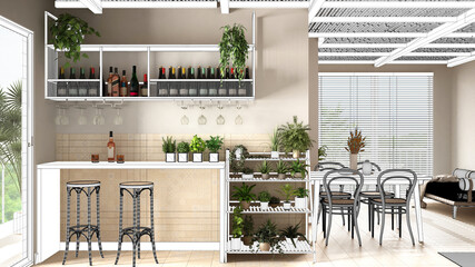 Blueprint project draft, sketch of cosy wooden living room with dining table, window, blinds, interior design concept idea, sustainable apartment with ceramic floor, custom furniture