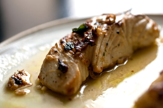 Close up of pan seared marinated Halibut filets