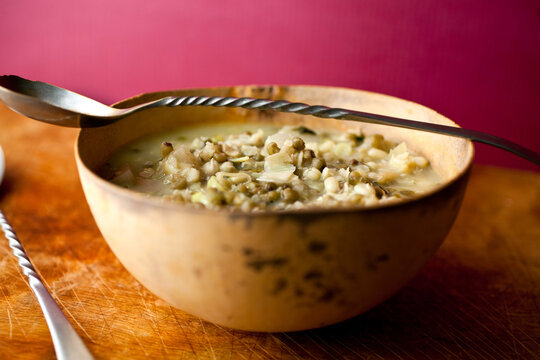 Close up of mung bean dal in bowl