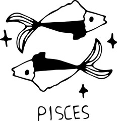 Vector illustration of the zodiac sign Pisces in the power of Doodle, black outline on an isolated white background. The concept of astrology, mysticism, divination, horoscopes. Can be used for books