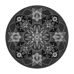 Colored pencil effects. Christmas theme. Mandala illustration black, white and grey. Christmas tree, star and heart.