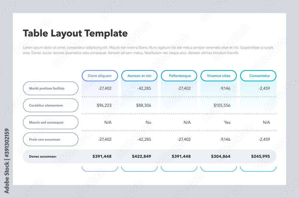 Poster Modern business table layout template with the total sum row and place for your content. Flat design, easy to use for your website or presentation.