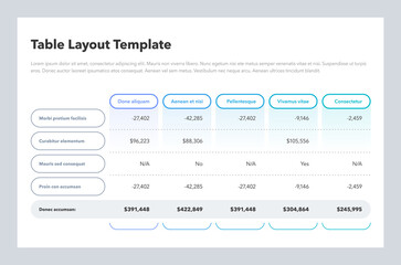 Fototapeta na wymiar Modern business table layout template with the total sum row and place for your content. Flat design, easy to use for your website or presentation.
