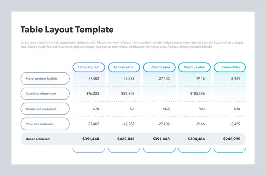 Modern business table layout template with the total sum row and place for your content. Flat design, easy to use for your website or presentation.