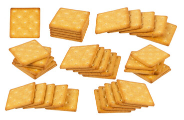 Set of tasty delicious square crackers, isolated on white background