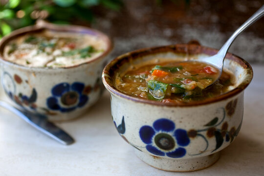 Close up of lentil and escarole soup