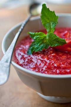 Close up of strawberry soup in bowl