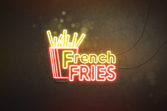 Neon French Fries Sign Dark Concrete Wall, Luminous Font Mockup