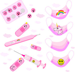  set of pink and funny medical masks plasters thermometer syringe pills