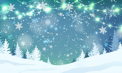 Blur background with snowflakes, trees, garlands, falling snow. Holiday winter landscape. Vector illustration.	
