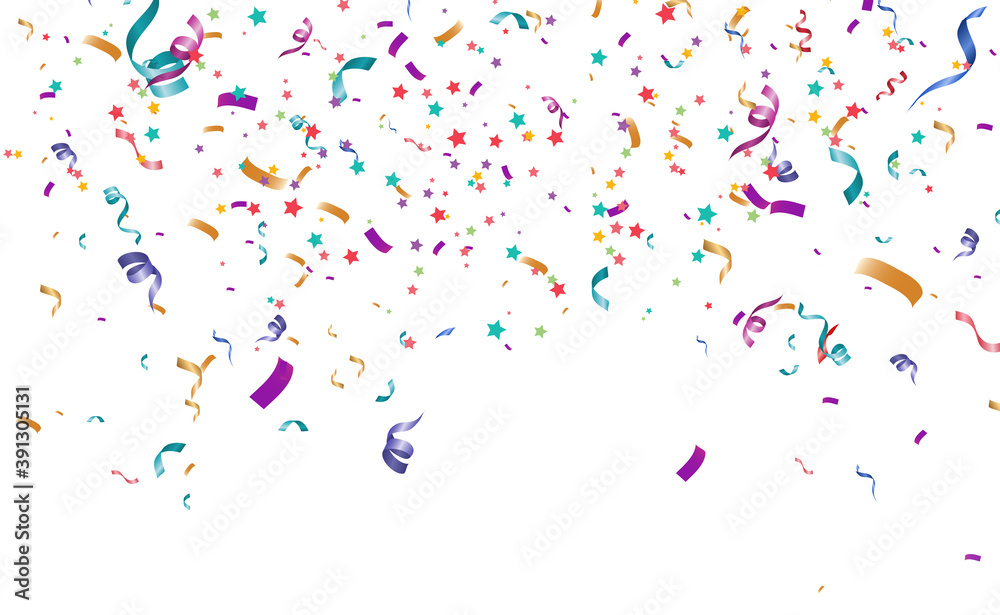 Poster Lots of colorful tiny confetti and ribbons on transparent background. Festive event and party. Multicolor background.Colorful bright confetti isolated on transparent background