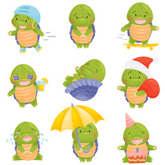 Obraz premium Cute character set. Turtle in a Christmas cap with a bag of gifts, a cake, a cocktail, in a helmet, on rollers and a skateboard, under an umbrella. Isolated vector illustrations on white background