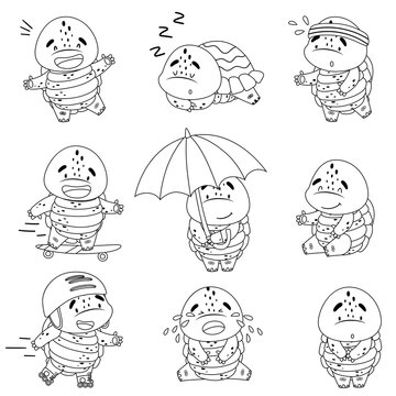 Set of cute cartoon character. The turtle laughs, sleeps, goes in for sports, rides a skateboard and rollerblades, under an umbrella, cries, sits. Isolated vector illustrations on white background.