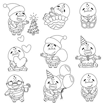 Set of cute cartoon character. Turtle in a cap near the Christmas tree and with a bag of gifts, with hearts, with a cake, a cocktail, balloons. Isolated vector illustrations on white background.
