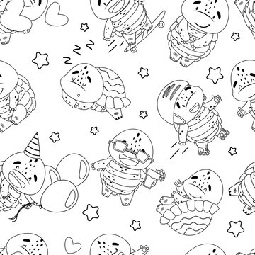 Seamless pattern black and white character. Turtle in birthday cap with balloons, with cocktail, on skateboard, on rollers, asleep. Around the star. Isolated vector illustrations on white background.