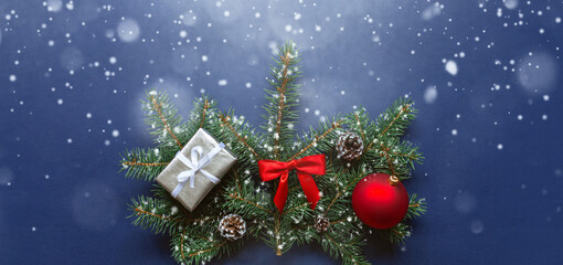 Merry Christmas and Happy Holidays greeting card. Banner. Flat lay