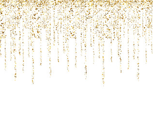 Gold glitter lines on white background. Glitter decoration frame. Golden sparkling confetti. Luxury holiday border. Luxury celebration banner. Bright sparkles and dust. Vector illustration