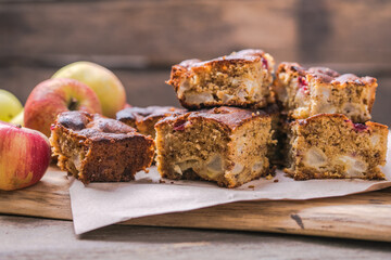apple nuts caramel blondies, sweet pastry on light table