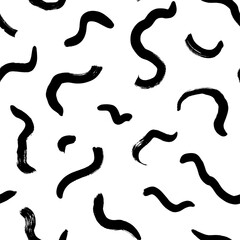 Black paint freehand scribbles vector seamless pattern. Wavy lines and round shapes, dry brush stroke texture. Abstract monochrome wallpaper design, trendy textile print. Wavy and swirled brush stroke