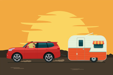 SUV car tows a trailer caravan against the backdrop of the setting sun and mountains. Vector flat style illustration..