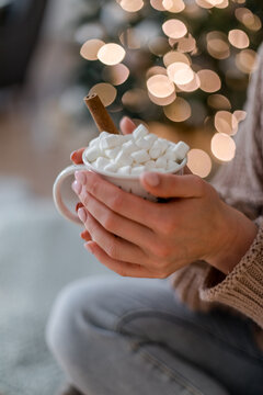 A girl holds a cup of  cocoa, marshmallows  and cinnamon