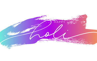 Happy Holi hand drawn vector lettering on colorful brush stroke. Line style modern calligraphy with swooshes. Spring festival of colors lettering design. Handwritten pen calligraphy of Happy Holi