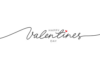 Happy Valentine's day vector calligraphy with swooshes. Hand drawn line style lettering. Valentines Day greeting card template with typography text, web banner, invitation, love poster with red heart.