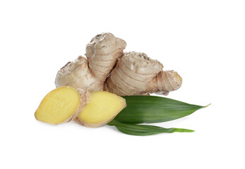Whole and cut fresh ginger with leaves isolated on white