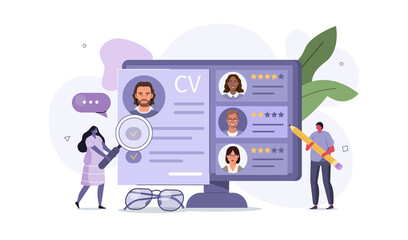 People Characters Choosing Best Candidate for Job. Hr Managers Searching New Employee. Recruitment Process. Human Resource Management and Hiring Concept. Flat Cartoon Vector Illustration.