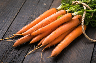 Fresh carrots bunch on rustic background. Healthy vegan vegetable food.